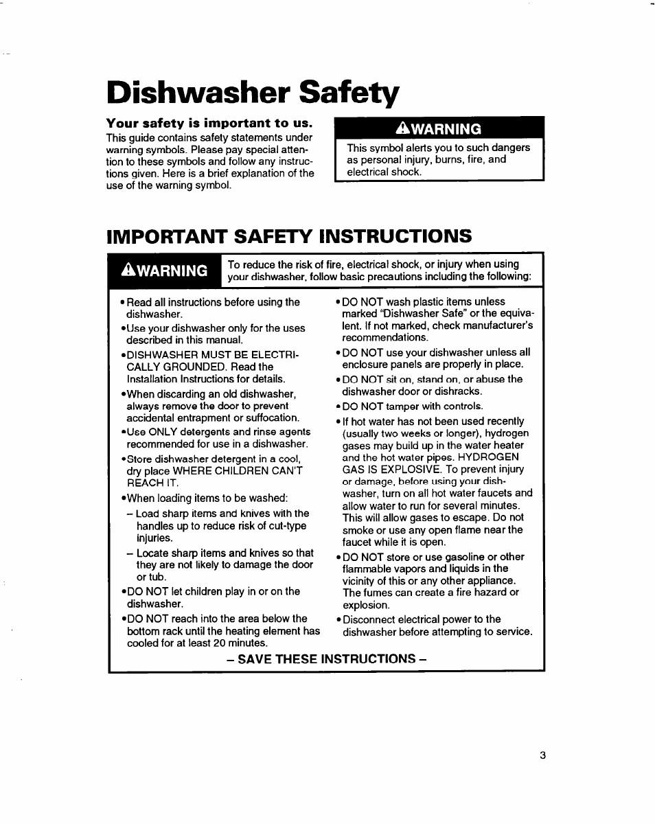 Dishwasher safety, Your safety is important to us, Important safety instructions | Save these instructions | Whirlpool 3376809 User Manual | Page 3 / 25