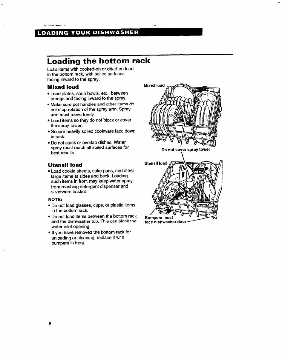 Loading the bottom rack, Mixed load, Utensil load | Whirlpool 3376809 User Manual | Page 8 / 25