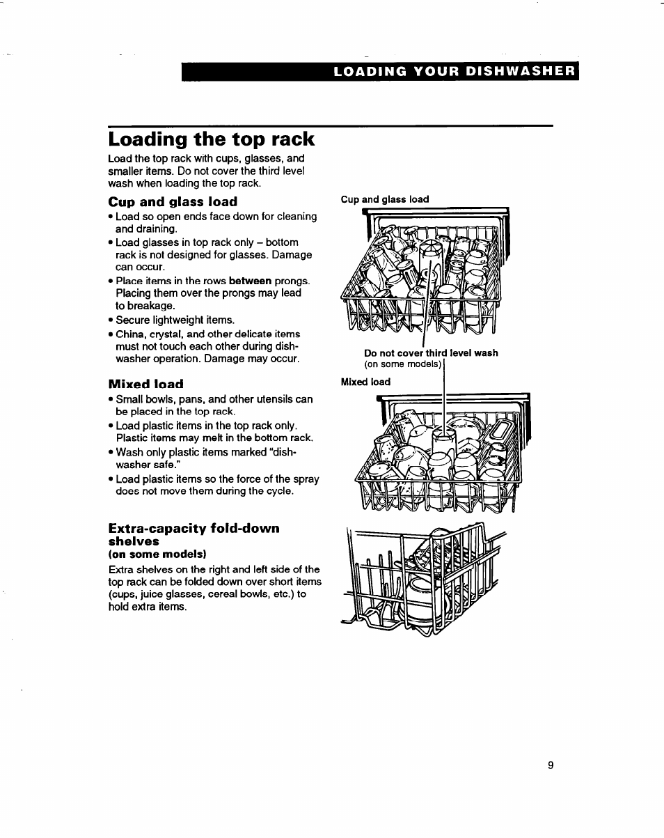 Loading the top rack, Cup and glass load, Mixed load | Extra-capacity fold-down, Shelves | Whirlpool 3376809 User Manual | Page 9 / 25
