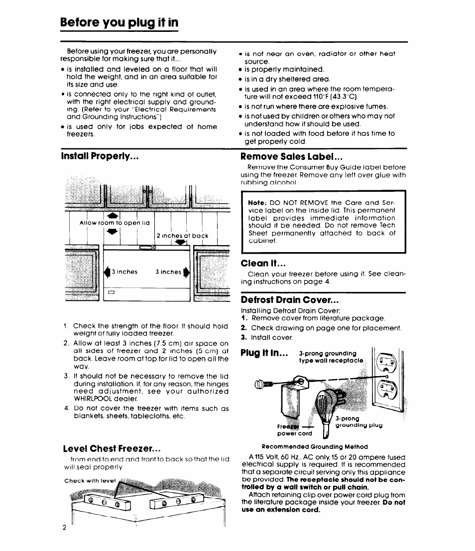 Before you plug it in, Remove sales label, Clean it | Defrost drain cover, Install properly, Level chest freezer | Whirlpool EH180FXL User Manual | Page 2 / 8