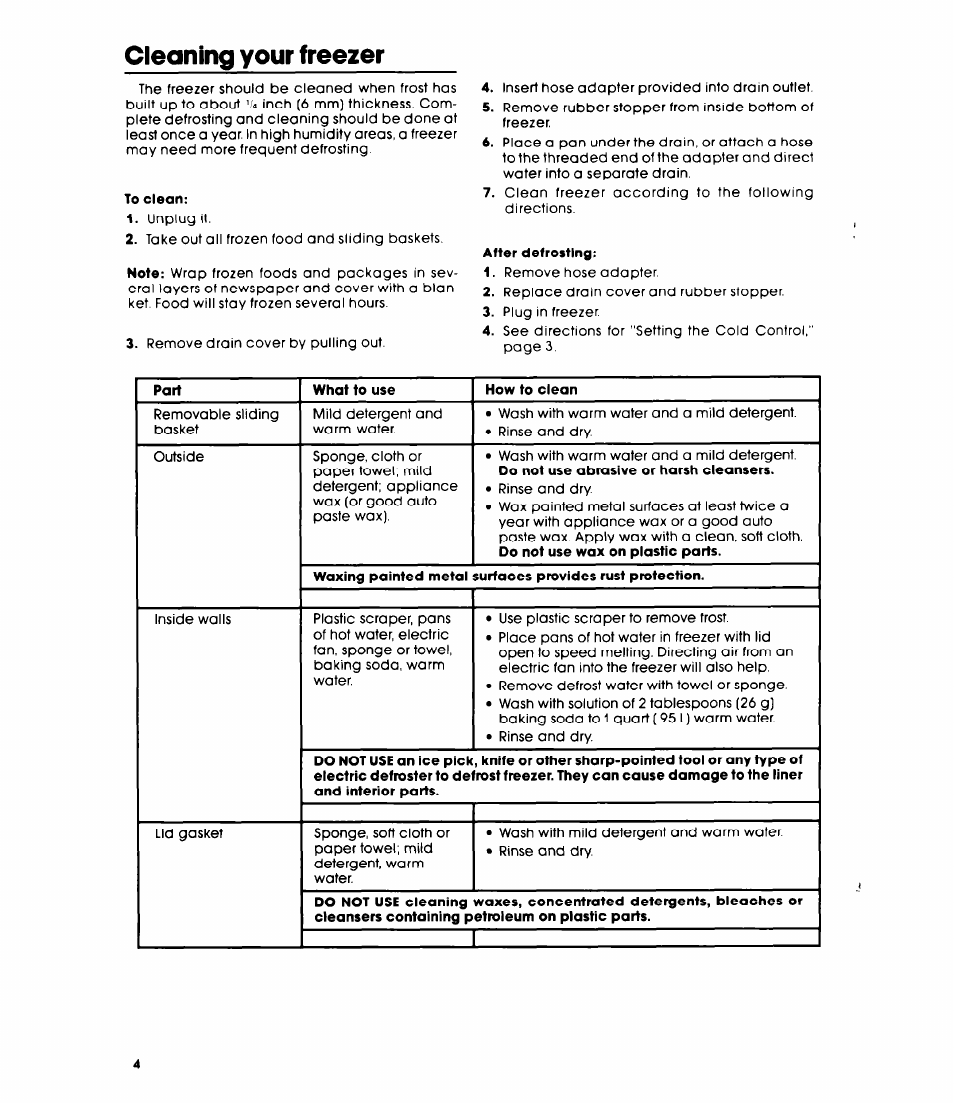 Cleaning your freezer | Whirlpool EH180FXL User Manual | Page 4 / 8