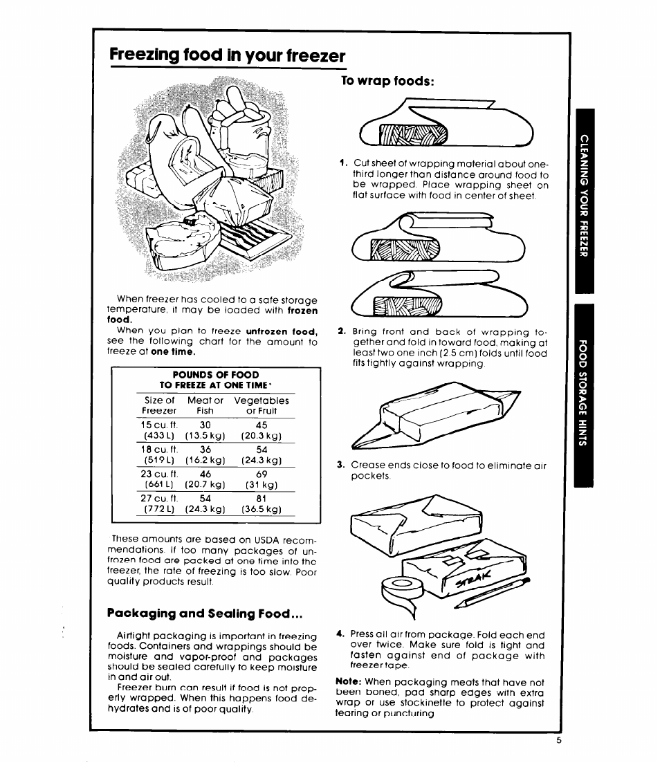 Freezing food in your freezer, To wrap foods, Packaging and sealing food | Whirlpool EH180FXL User Manual | Page 5 / 8