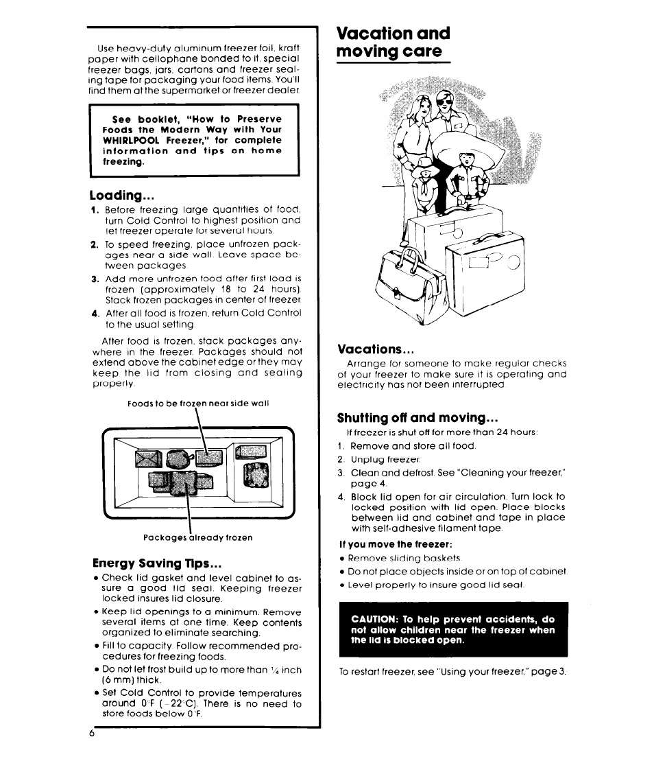 Loading, Energy saving tips, Vacation and moving care | Vacations, Shutting off and moving | Whirlpool EH180FXL User Manual | Page 6 / 8