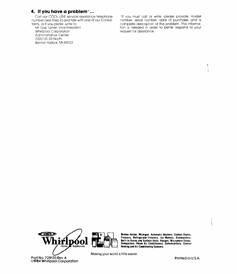 If you have a problem, Whirl | Whirlpool EH180FXL User Manual | Page 8 / 8