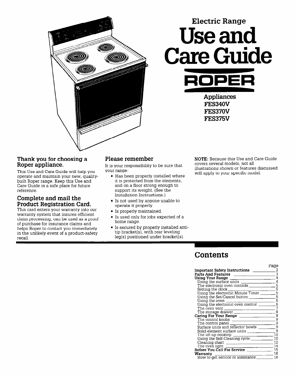 Whirlpool FES340V User Manual | 16 pages