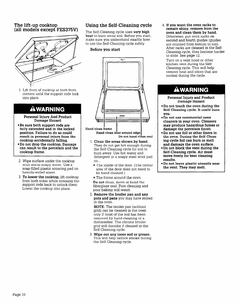Warning | Whirlpool FES340V User Manual | Page 10 / 16