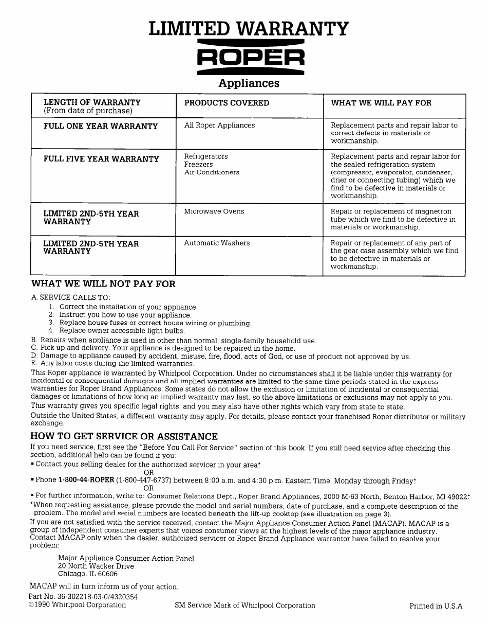 Limited warranty | Whirlpool FES340V User Manual | Page 16 / 16