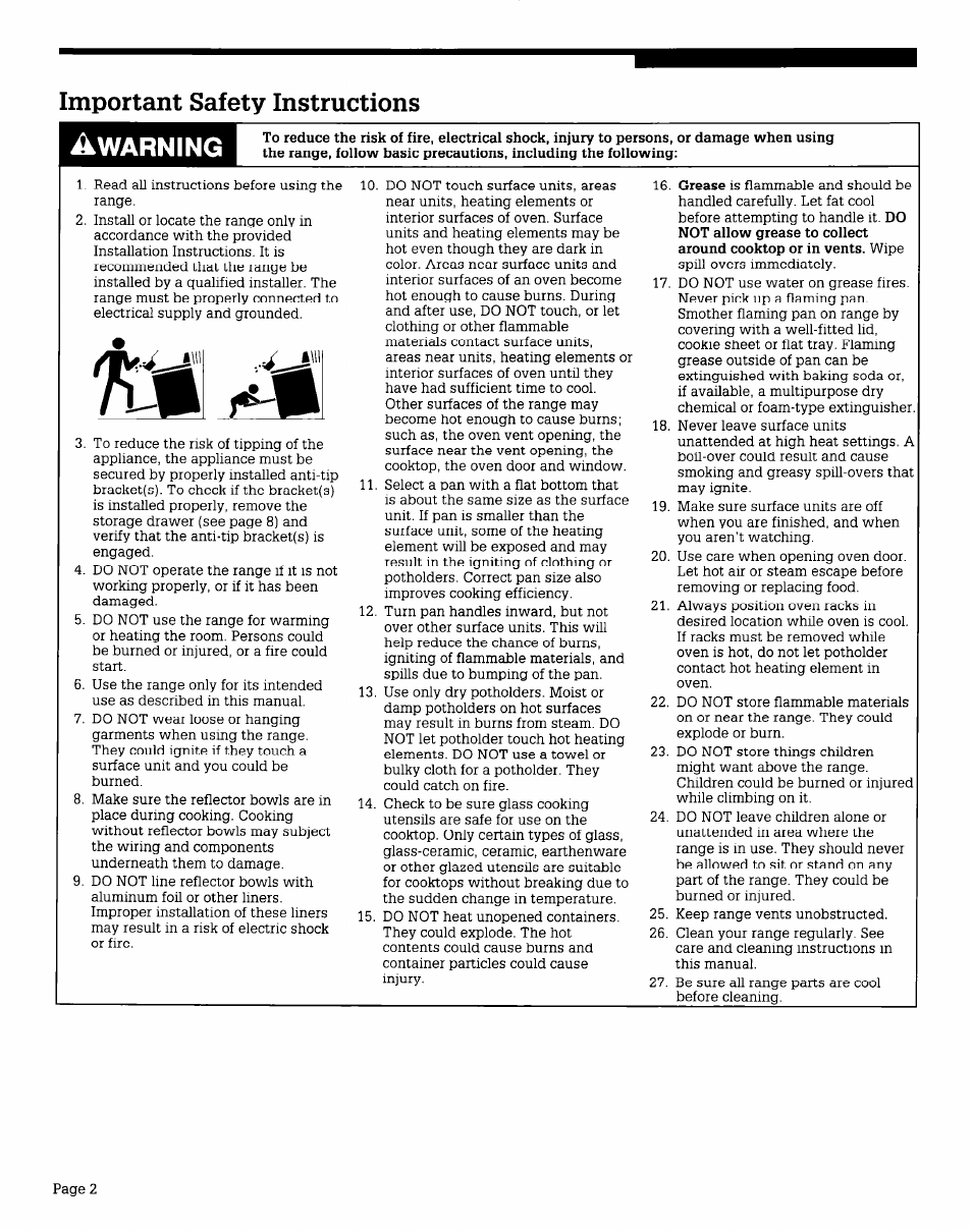 Important safety instructions, Warning | Whirlpool FES340V User Manual | Page 2 / 16