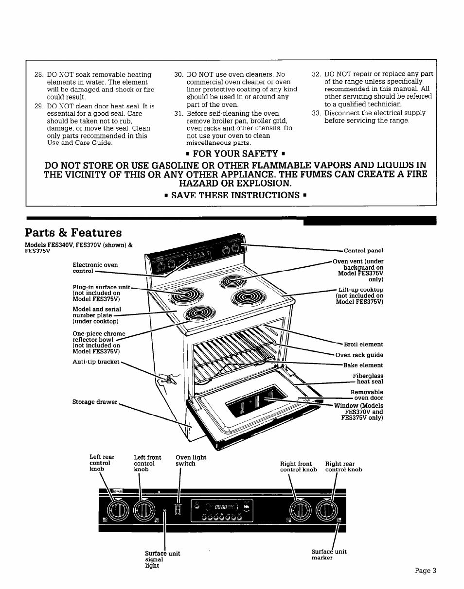 Parts, Features, For your safety | Whirlpool FES340V User Manual | Page 3 / 16