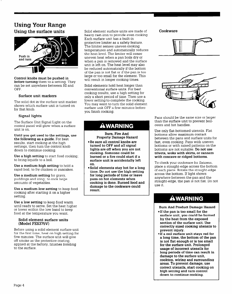Using your range, A warning | Whirlpool FES340V User Manual | Page 4 / 16
