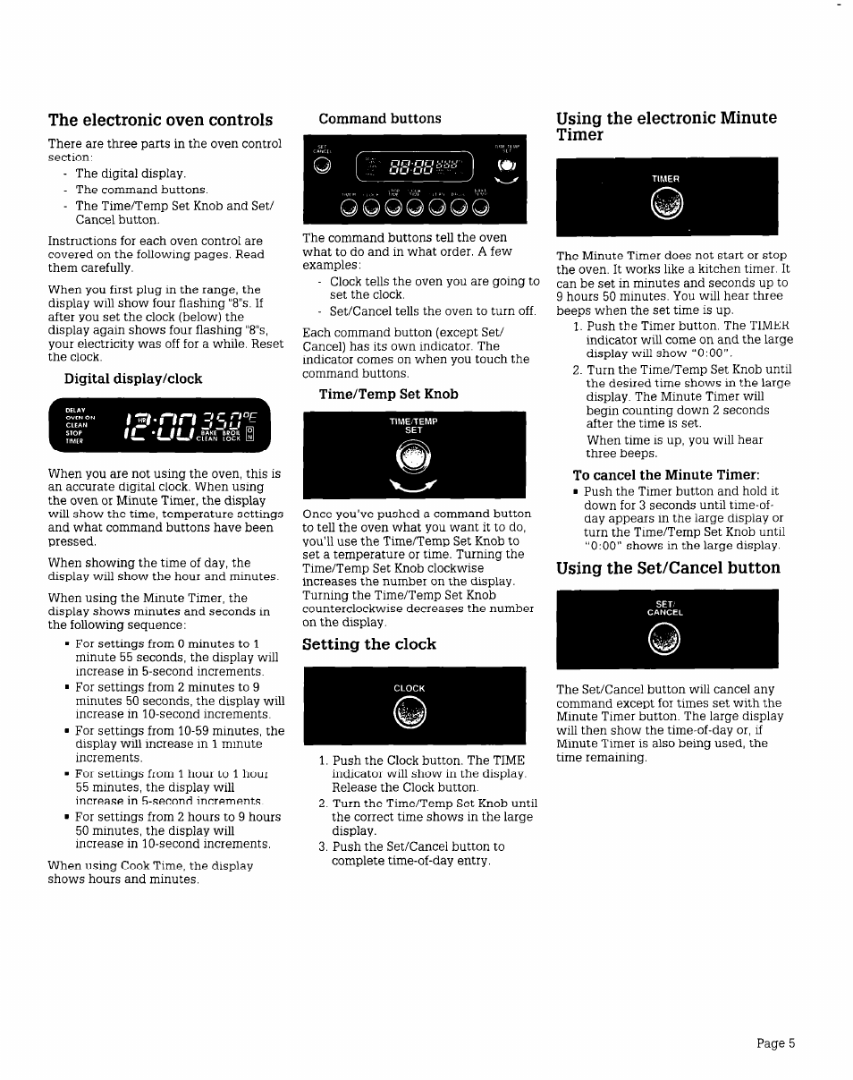 Lu ’uuctt^k, The electronic oven controls, Using the electronic minute timer | Setting the clock, Using the set/cancel button | Whirlpool FES340V User Manual | Page 5 / 16