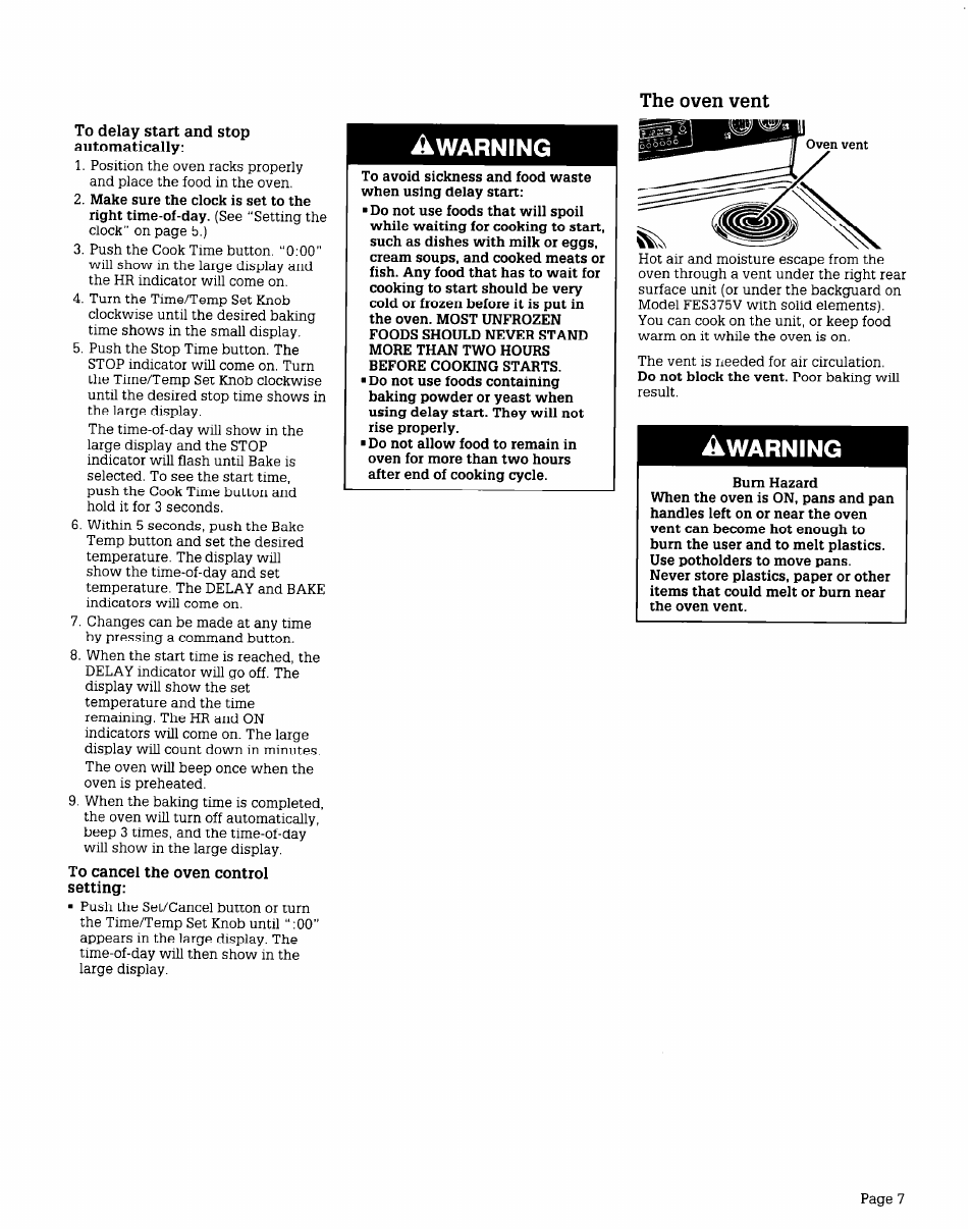 A warning, Warning, The oven vent | Whirlpool FES340V User Manual | Page 7 / 16