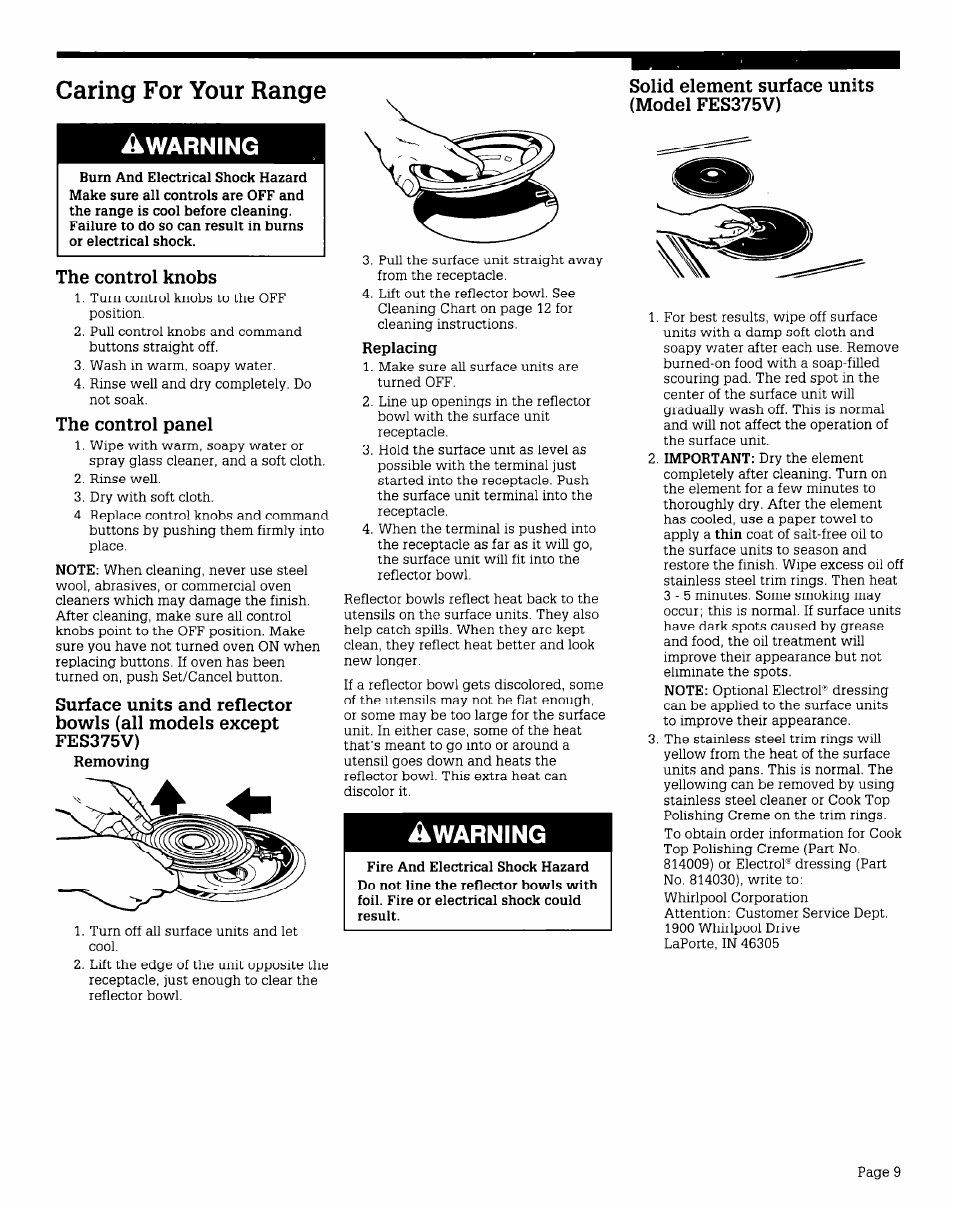 Caring for your range, Warning | Whirlpool FES340V User Manual | Page 9 / 16