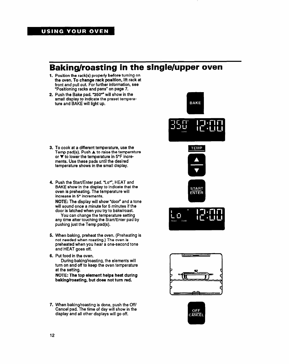 Baking/roasting in the single/upper oven, C u u | Whirlpool RB260PXY User Manual | Page 12 / 40