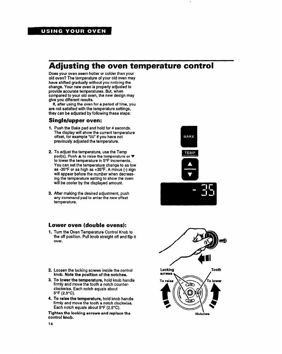 Adjusting the oven temperature control, Single/upper oven, Lower oven (double ovens) | Whirlpool RB260PXY User Manual | Page 14 / 40