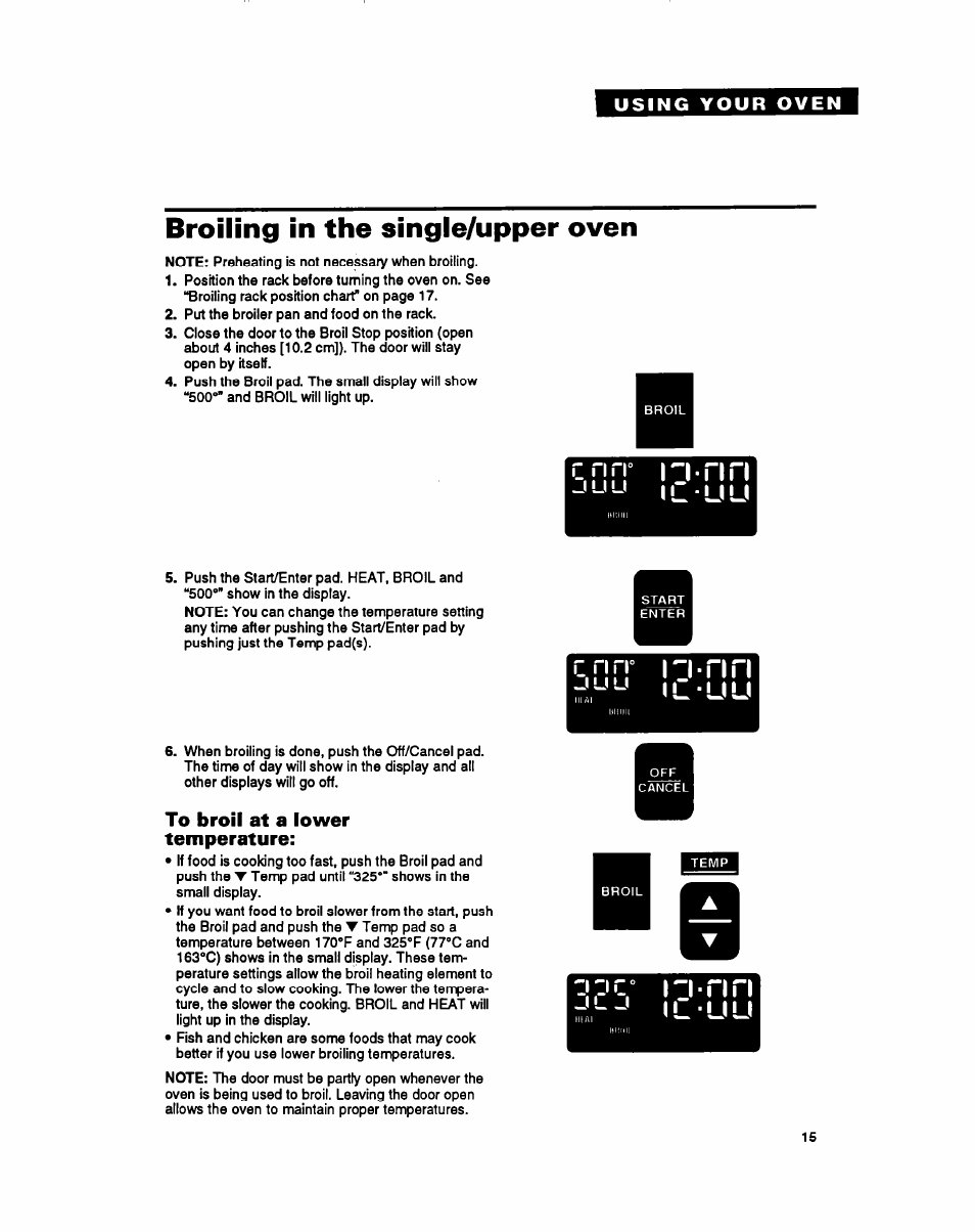 Broiling in the single/upper oven, To broil at a lower temperature, I l u u | Ic-uu, R n rr j u u, J l j | Whirlpool RB260PXY User Manual | Page 15 / 40