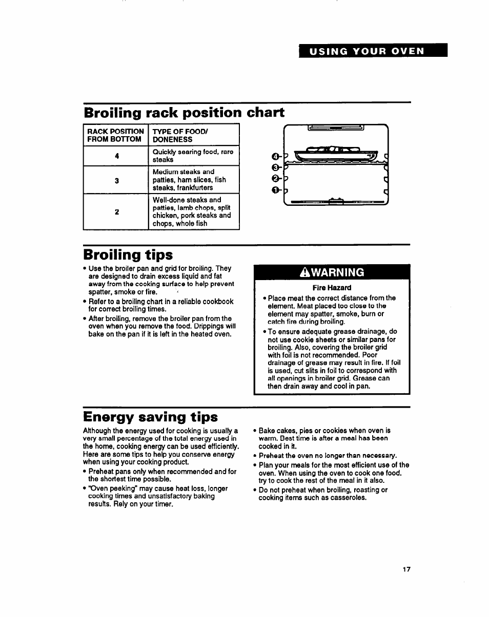 Broiling rack position chart, Broiling tips, Energy saving tips | Ákwarning | Whirlpool RB260PXY User Manual | Page 17 / 40
