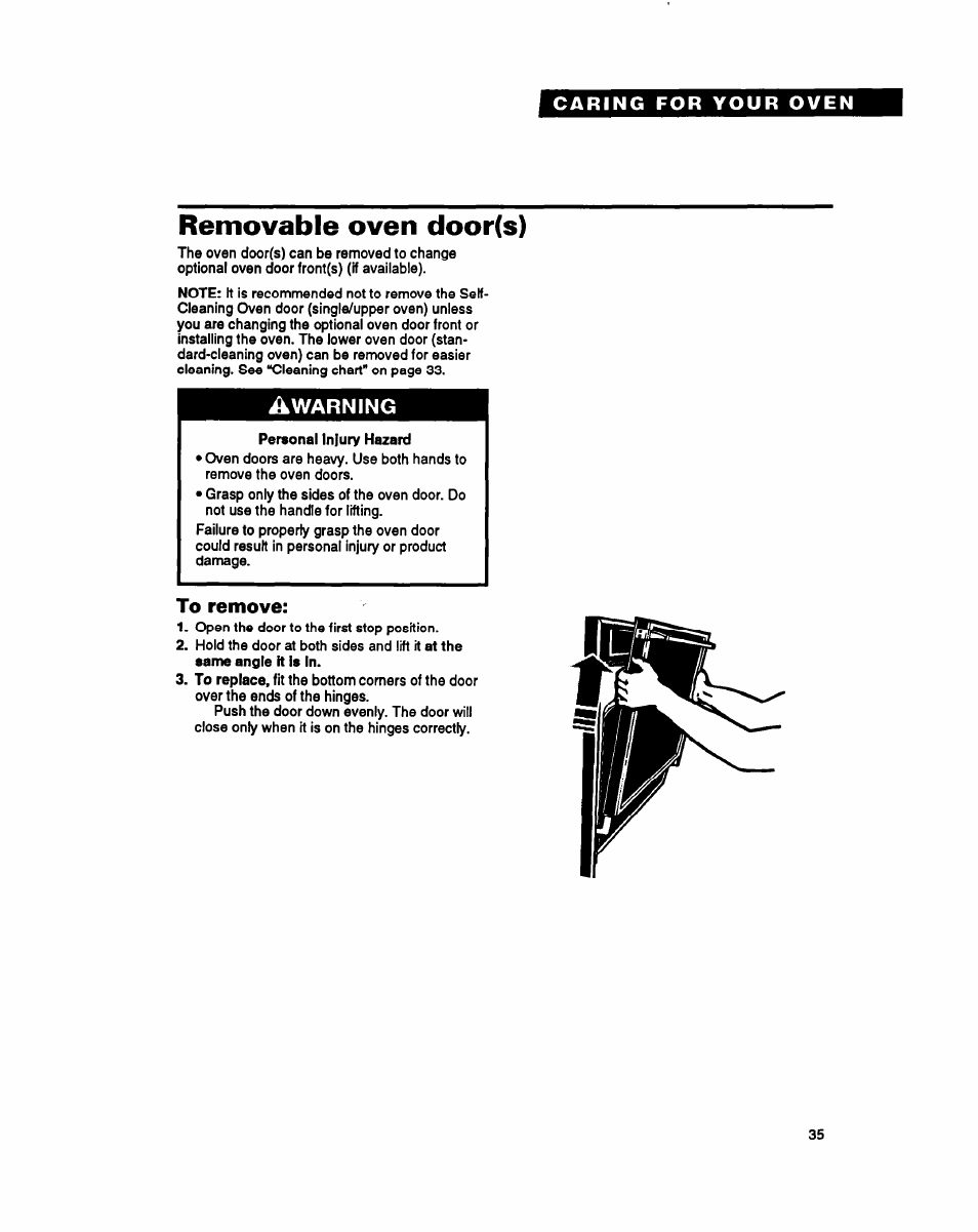Removable oven door(s), Warning | Whirlpool RB260PXY User Manual | Page 35 / 40