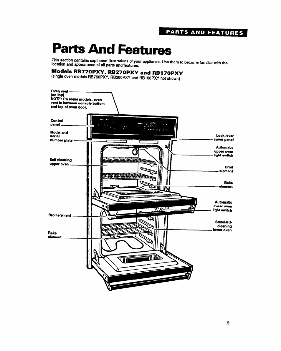 Parts and features, Models rb770pxy, rb270pxy and rb170pxy | Whirlpool RB260PXY User Manual | Page 5 / 40