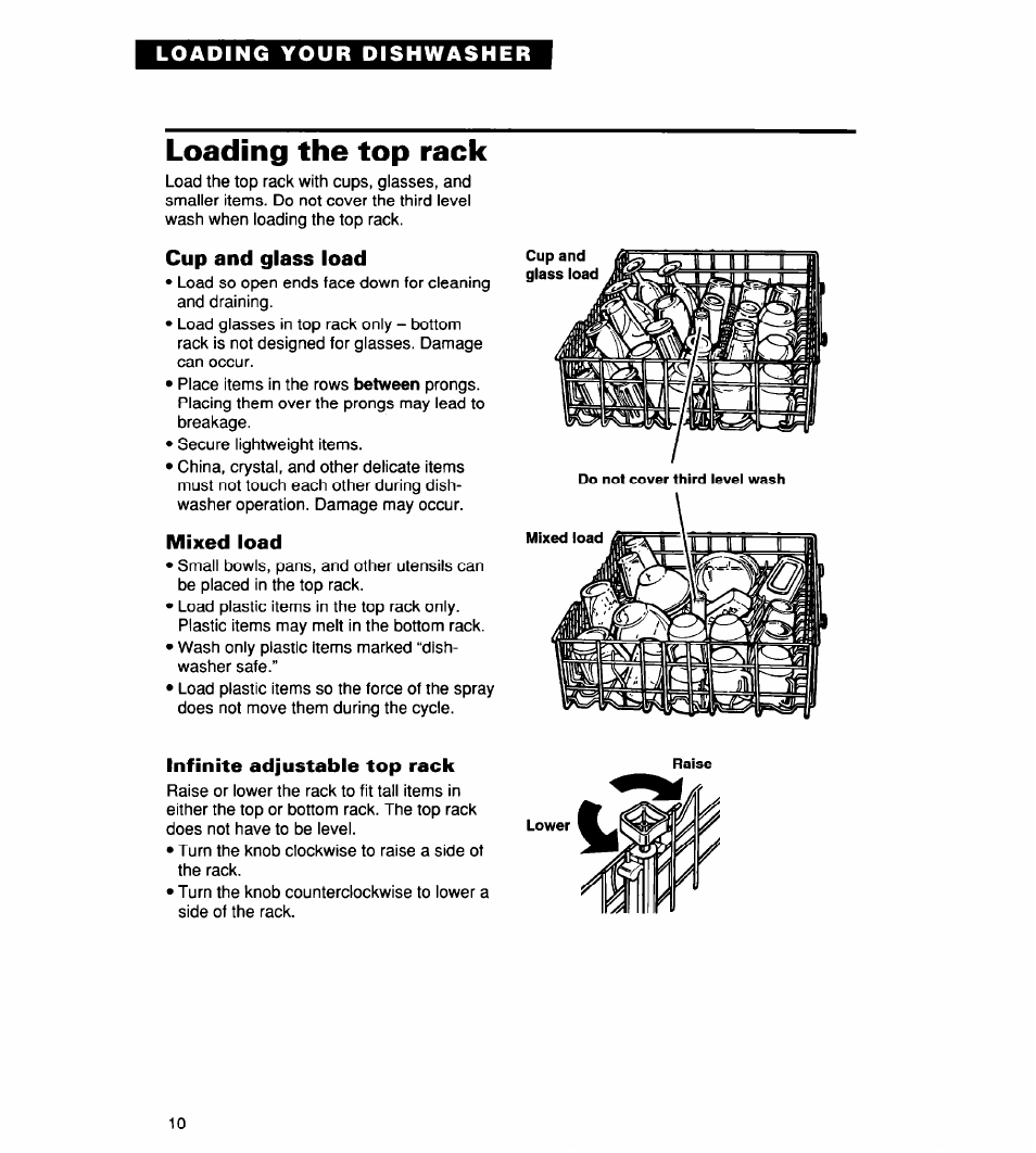 Cup and glass load, Mixed load, Infinite adjustable top rack | Loading the top rack | Whirlpool 930 User Manual | Page 10 / 30