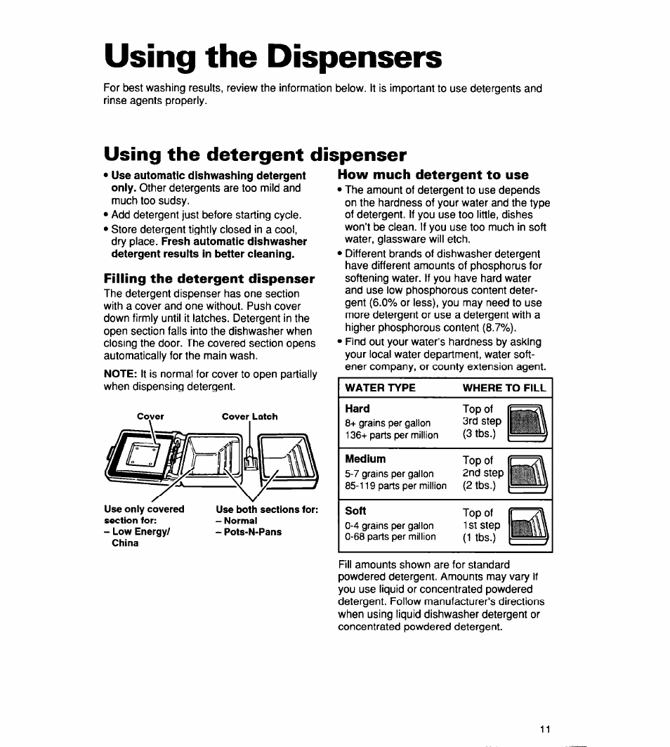 Using the dispensers, Filling the detergent dispenser, How much detergent to use | Using the detergent dispenser | Whirlpool 930 User Manual | Page 11 / 30
