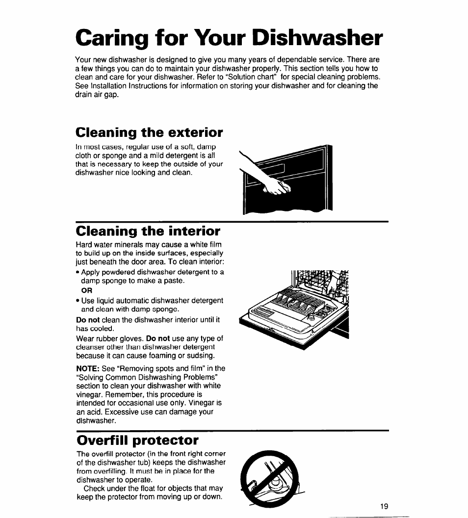 Caring for your dishwasher, Cleaning the exterior, Cleaning the interior | Overfill protector, Starting your dishwasher | Whirlpool 930 User Manual | Page 19 / 30