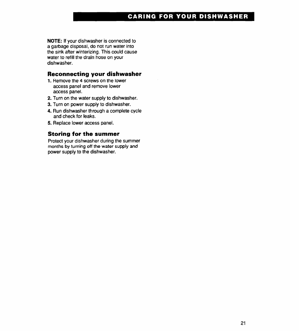 Reconnecting your dishwasher, Storing for the summer | Whirlpool 930 User Manual | Page 21 / 30