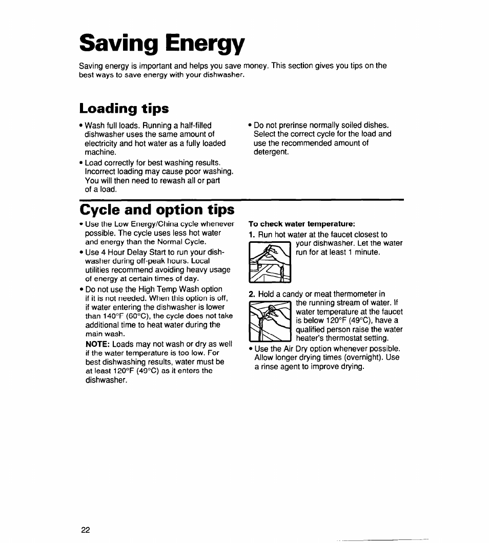 Saving energy, Loading tips, Cycle and option tips | To check water temperature | Whirlpool 930 User Manual | Page 22 / 30