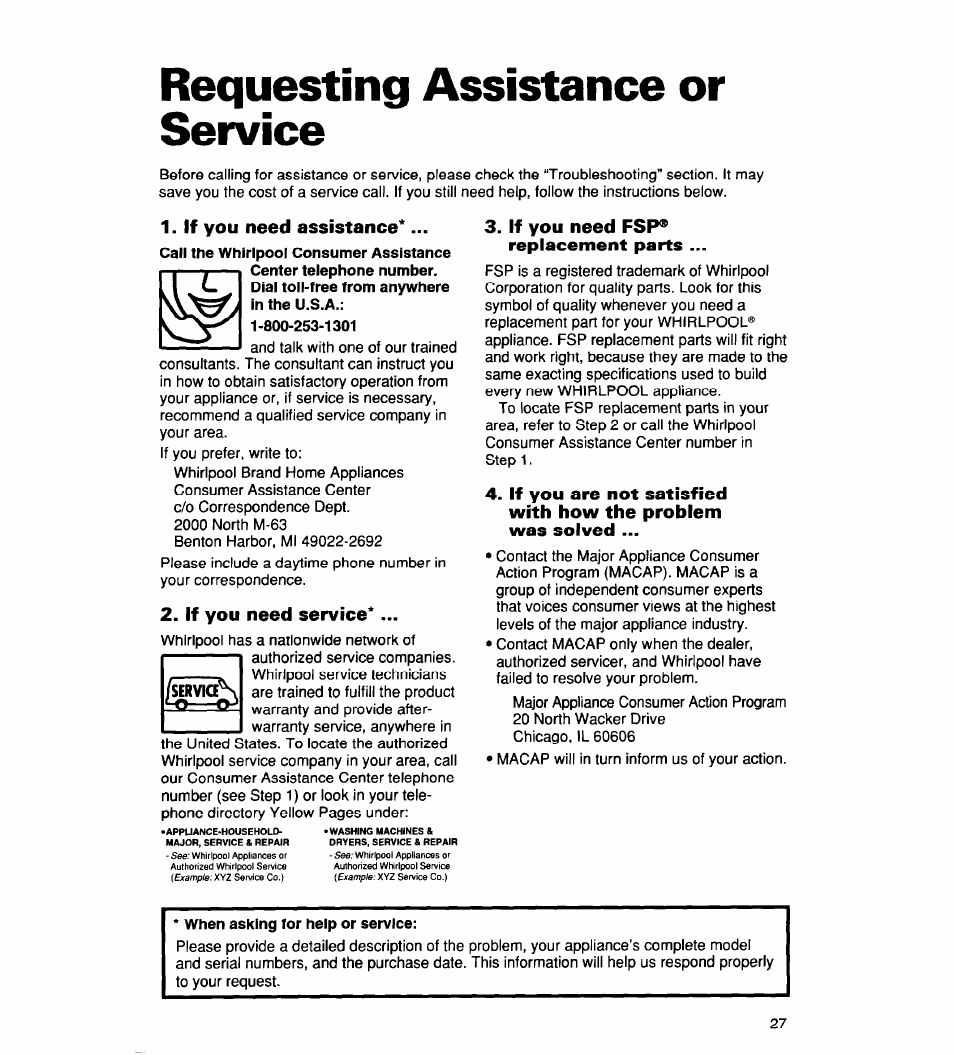 Requesting assistance or service, If you need assistance, If you need service | If you need fsp® replacement parts, When asking for help or service, Requesting assistance, Or service | Whirlpool 930 User Manual | Page 27 / 30