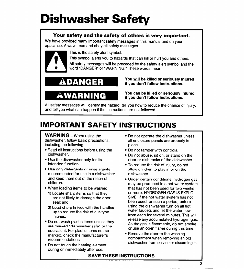 Dishwasher safety, Important safety instructions, Save these | Instructions, Adanger awarning | Whirlpool 930 User Manual | Page 3 / 30