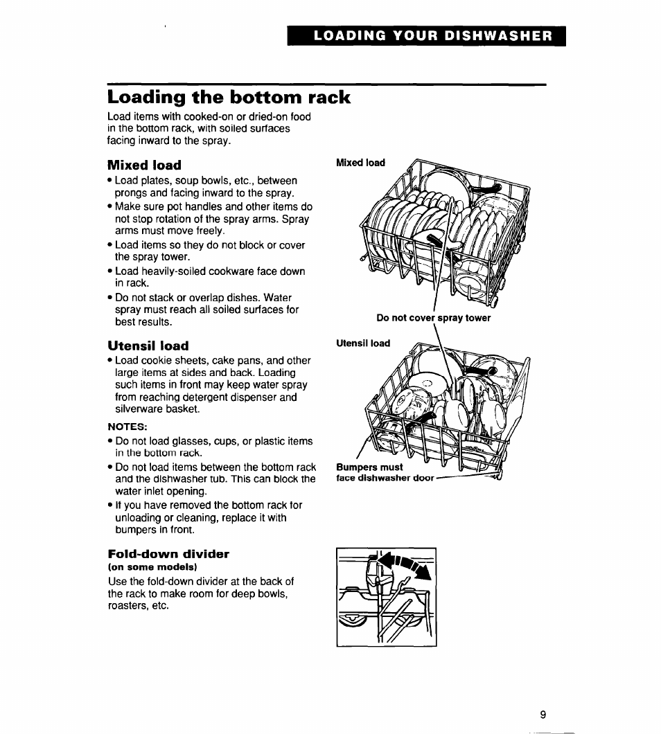 Loading the bottom rack, Mixed load, Utensil load | Fold-down divider | Whirlpool 930 User Manual | Page 9 / 30
