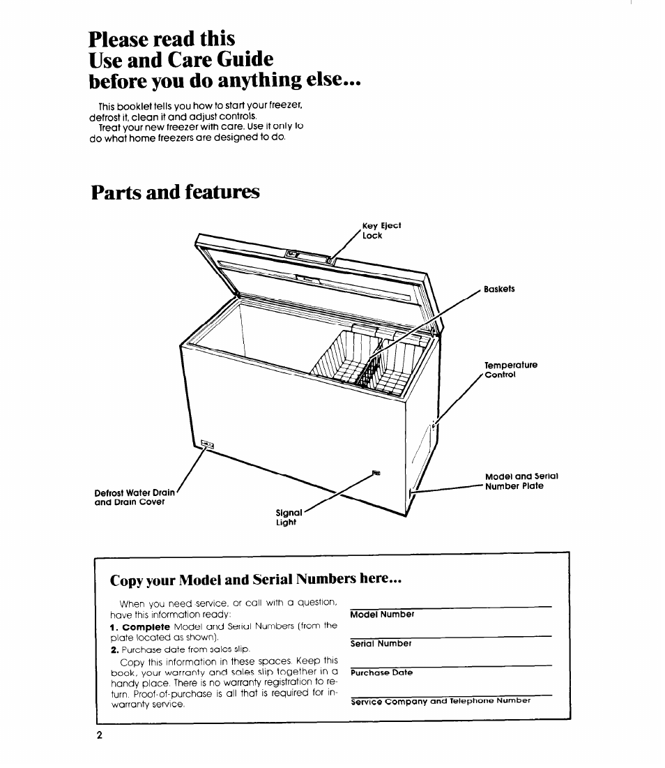 Please read this, Use and care guide, Before you do anything else | Parts and features, Copy your model and serial numbers here | Whirlpool EHl5EF User Manual | Page 2 / 12