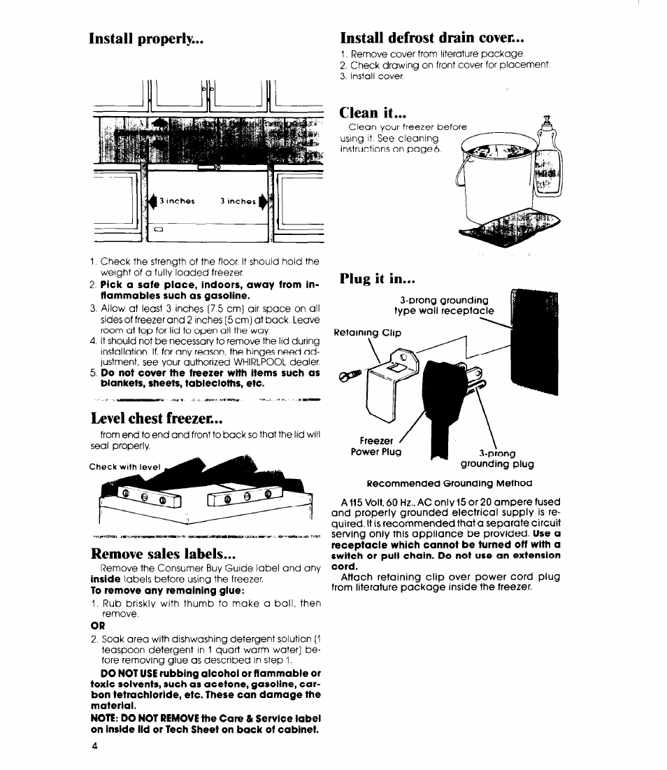 Install defrost drain cover, Clean it, Plug it in | Level ehest freezer, Remove sales labels, Clean it plug it in, Install properly | Whirlpool EHl5EF User Manual | Page 4 / 12