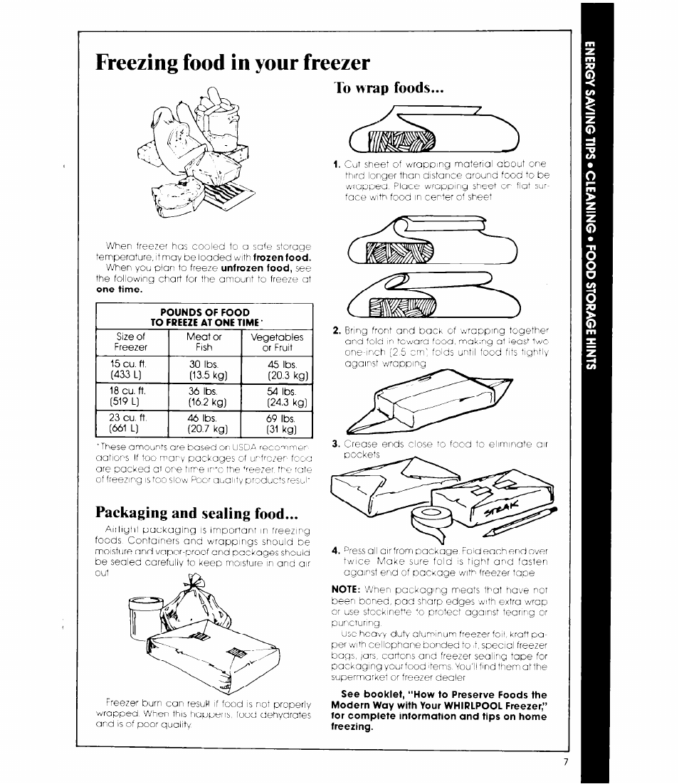 Freezing food in your freezer, To wrap foods, Packaging and sealing food | Freezing food in your freezer. 7 | Whirlpool EHl5EF User Manual | Page 7 / 12