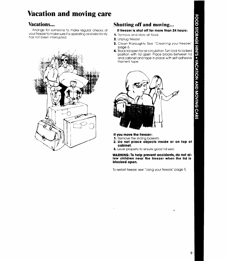 Vacation and moving care, Vacations, Shutting off and moving | Vacations shutting off and moving | Whirlpool EHl5EF User Manual | Page 9 / 12