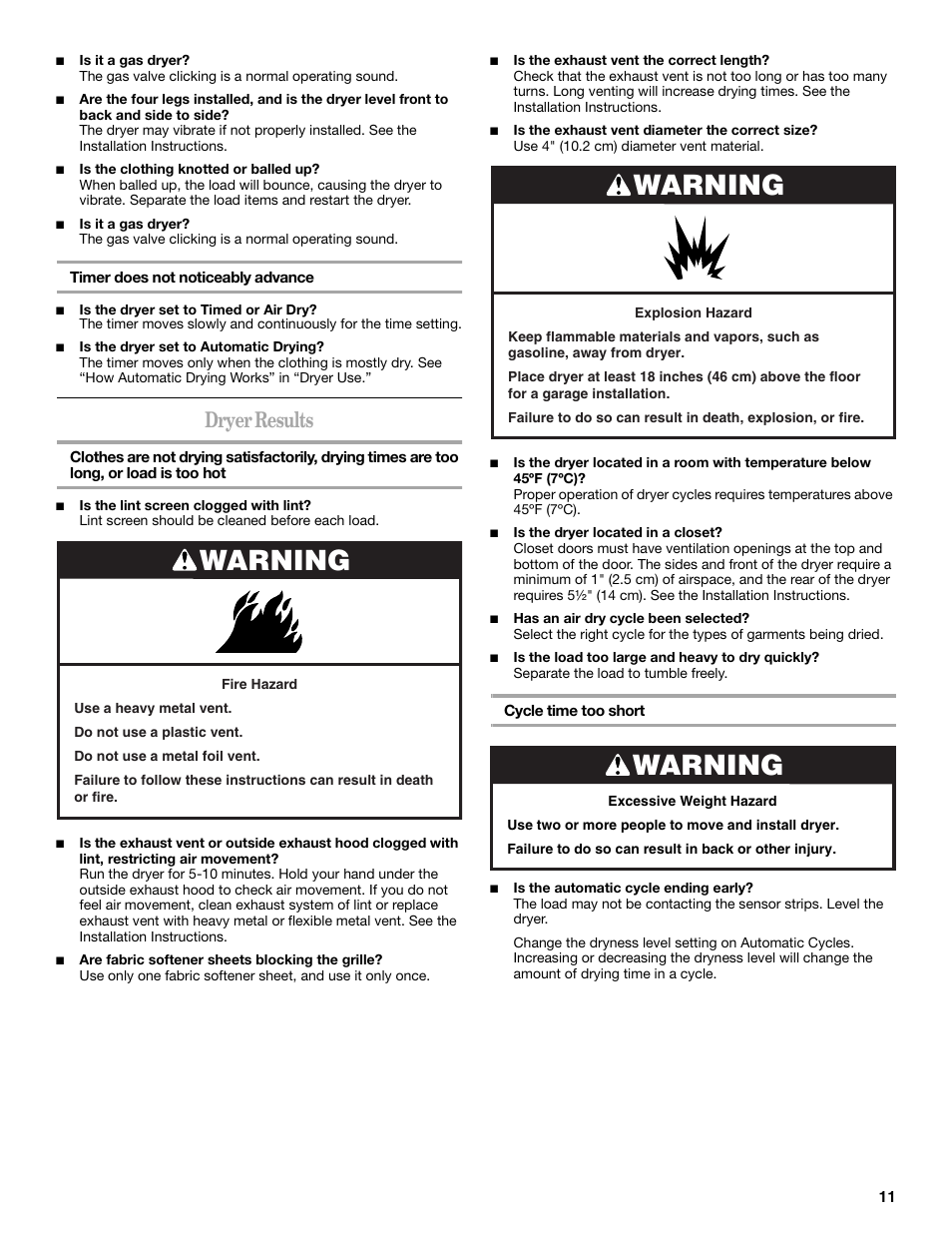 Warning, Dryer results | Whirlpool 3RLEQ8033  EN User Manual | Page 11 / 12
