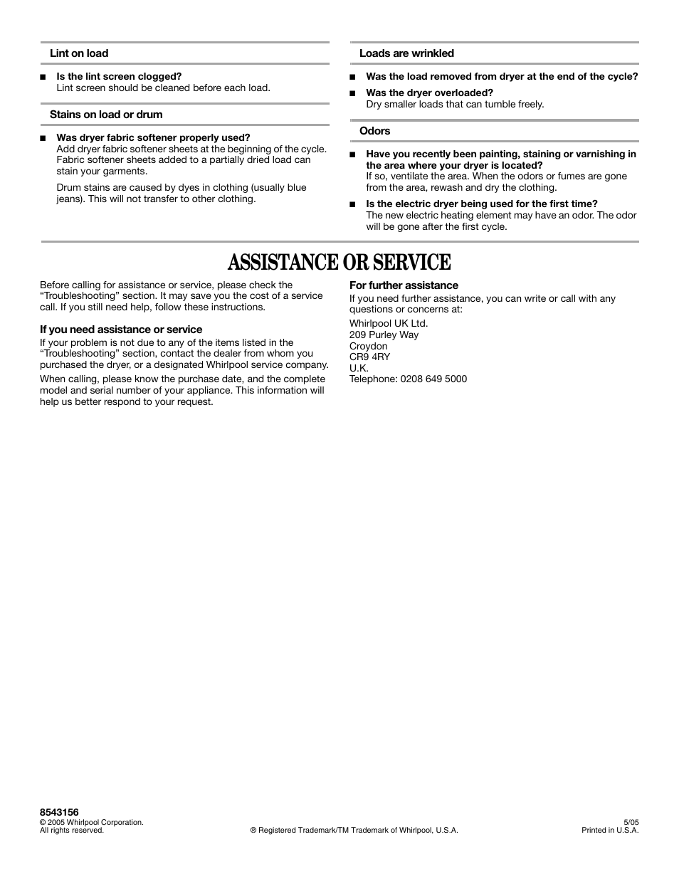 Assistance or service | Whirlpool 3RLEQ8033  EN User Manual | Page 12 / 12