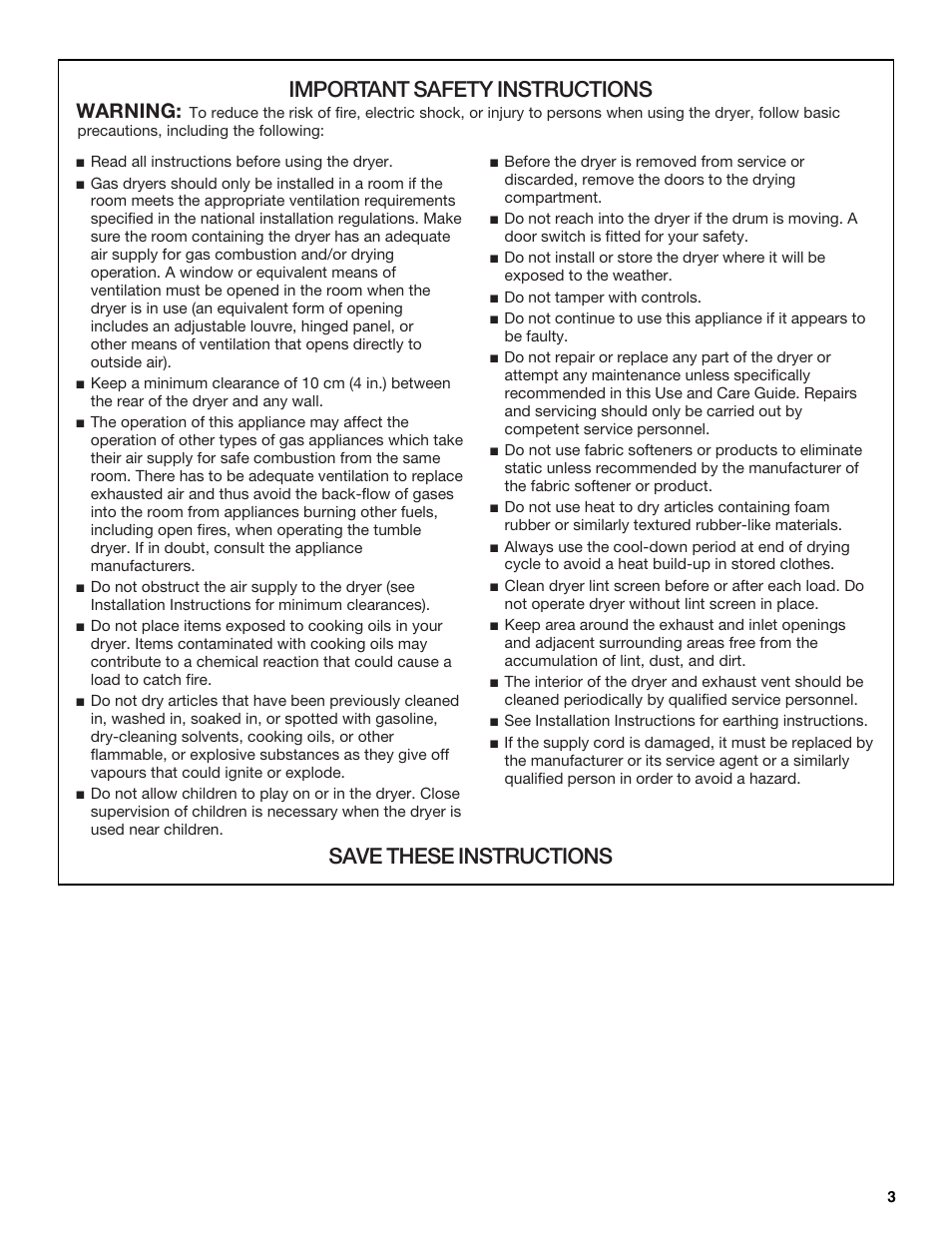 Important safety instructions, Save these instructions, Warning | Whirlpool 3RLEQ8033  EN User Manual | Page 3 / 12