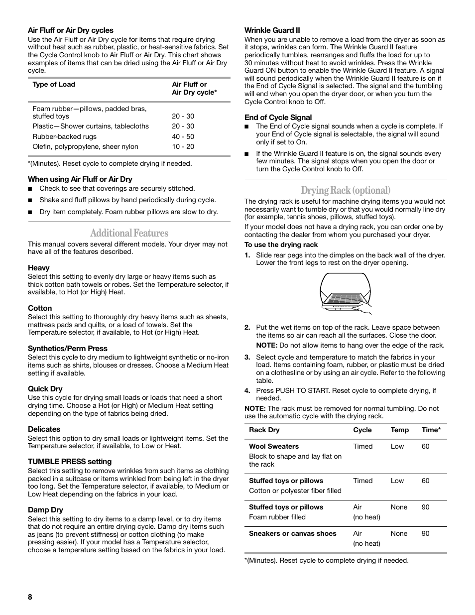 Additional features, Drying rack (optional) | Whirlpool 3RLEQ8033  EN User Manual | Page 8 / 12