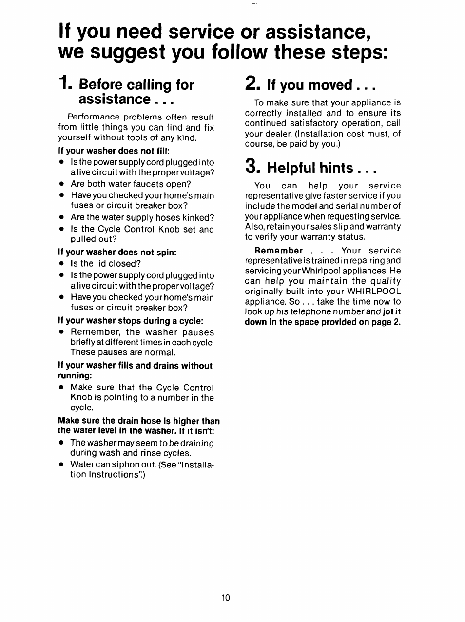 Before calling for assistance, If you moved, Helpful hints | Whirlpool 3LA5581 User Manual | Page 10 / 24