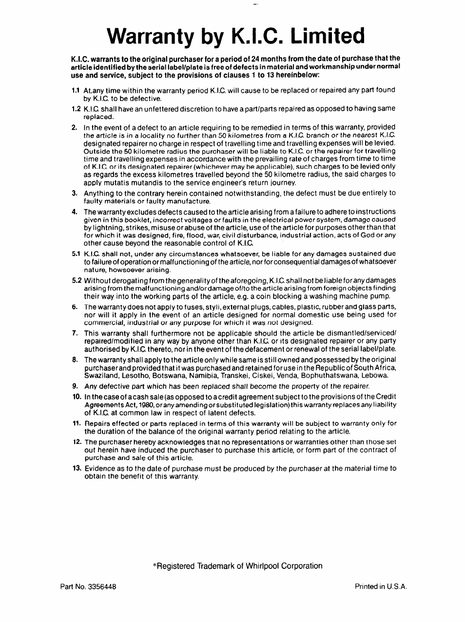 Warranty by k.i.c. limited | Whirlpool 3LA5581 User Manual | Page 12 / 24