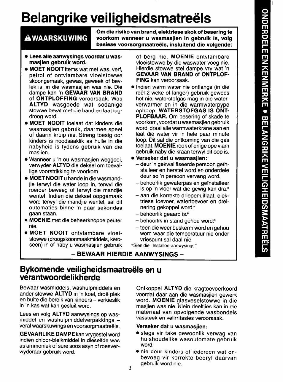 Belangrike veiligheidsmatreèls, Waarskuwing | Whirlpool 3LA5581 User Manual | Page 15 / 24