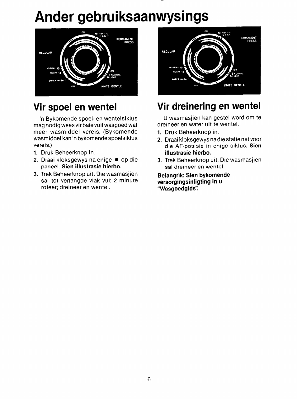 Ander gebruiksaanwysings, Vir spoel en wentel, Vir dreinering en wentel | Whirlpool 3LA5581 User Manual | Page 18 / 24