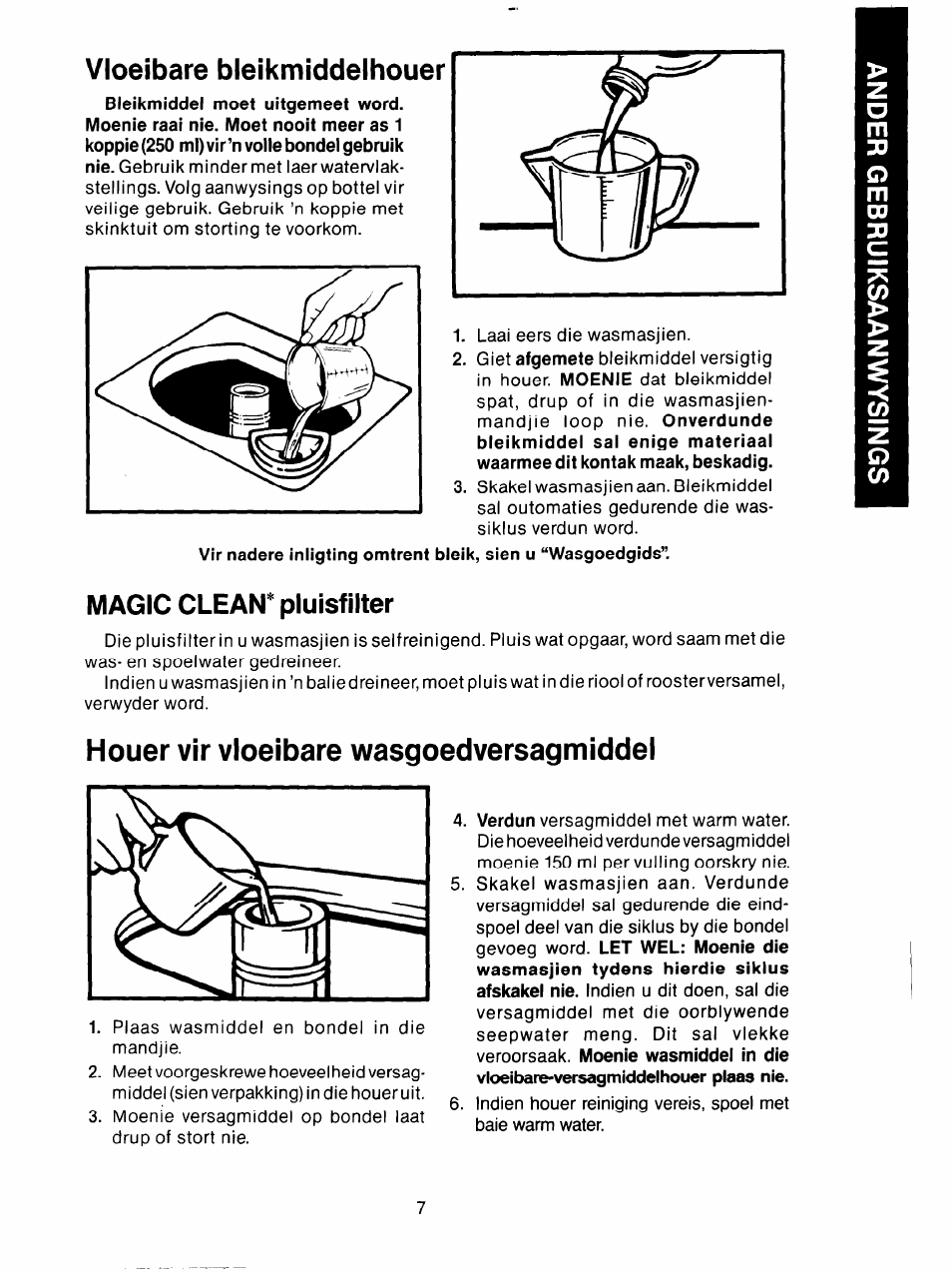 Vioeibare bleikmiddelhouer, Magic clean^ pluisfilter, Houer vir vioeibare wasgoedversagmiddel | Whirlpool 3LA5581 User Manual | Page 19 / 24