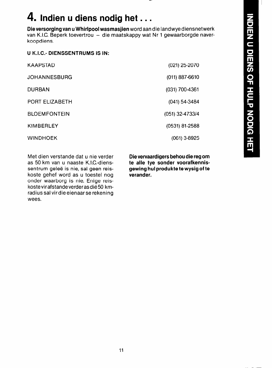 Indien u diens nodig het, Indien, Diens nodig h e t | Whirlpool 3LA5581 User Manual | Page 23 / 24