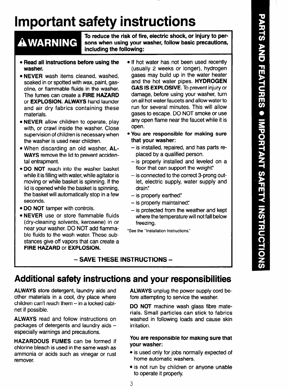 Important safety instructions, Warning | Whirlpool 3LA5581 User Manual | Page 3 / 24