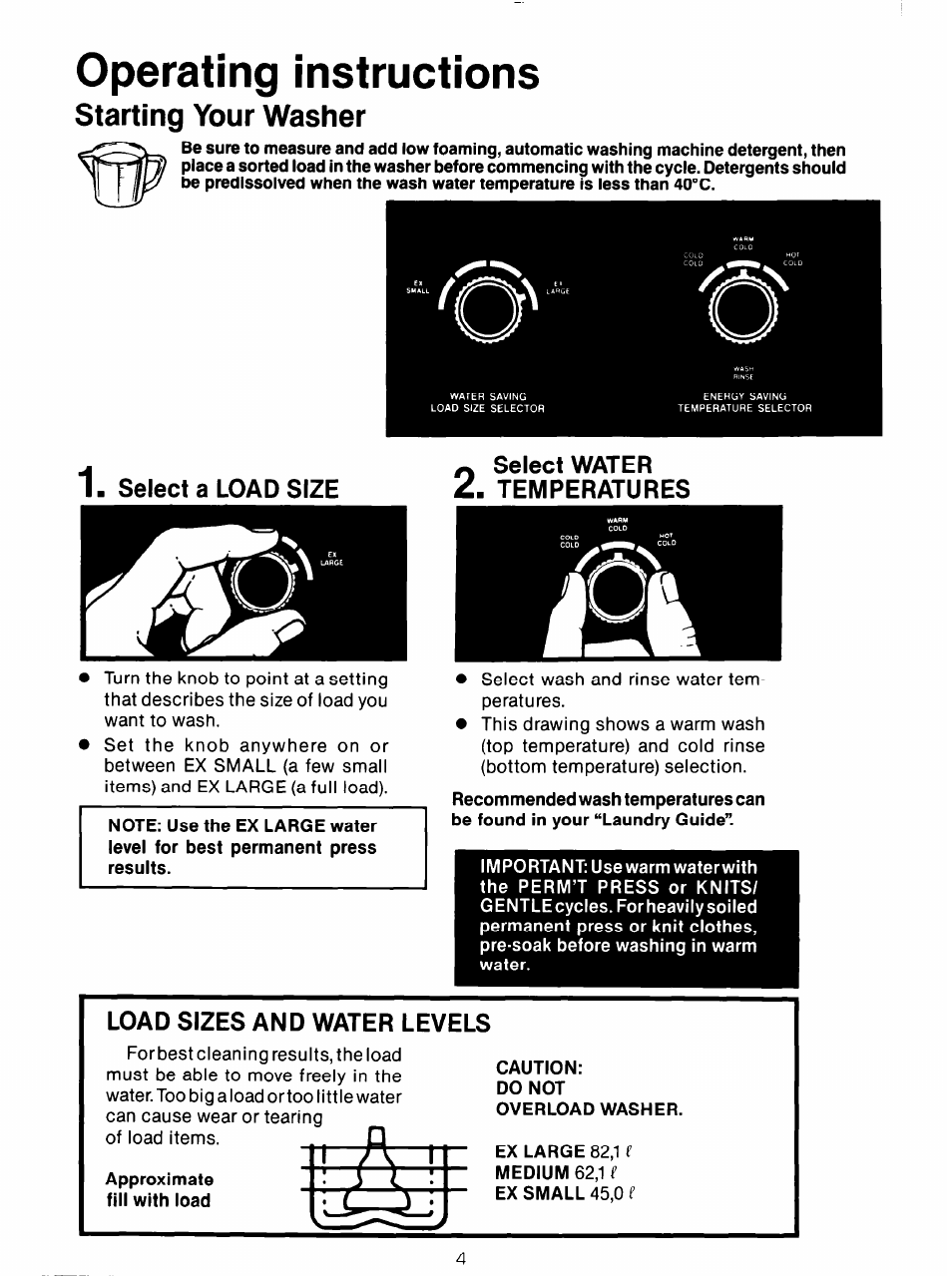 Operating instructions, Starting your washer, Select a load size | O select water temperatures, Load sizes and water levels | Whirlpool 3LA5581 User Manual | Page 4 / 24