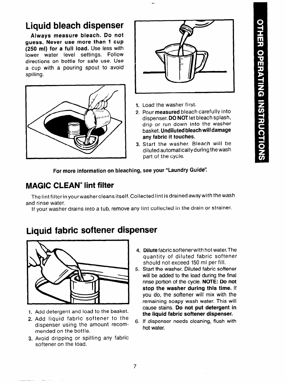 Liquid bleach dispenser, Magic clean* lint filter, Liquid fabric softener dispenser | Whirlpool 3LA5581 User Manual | Page 7 / 24