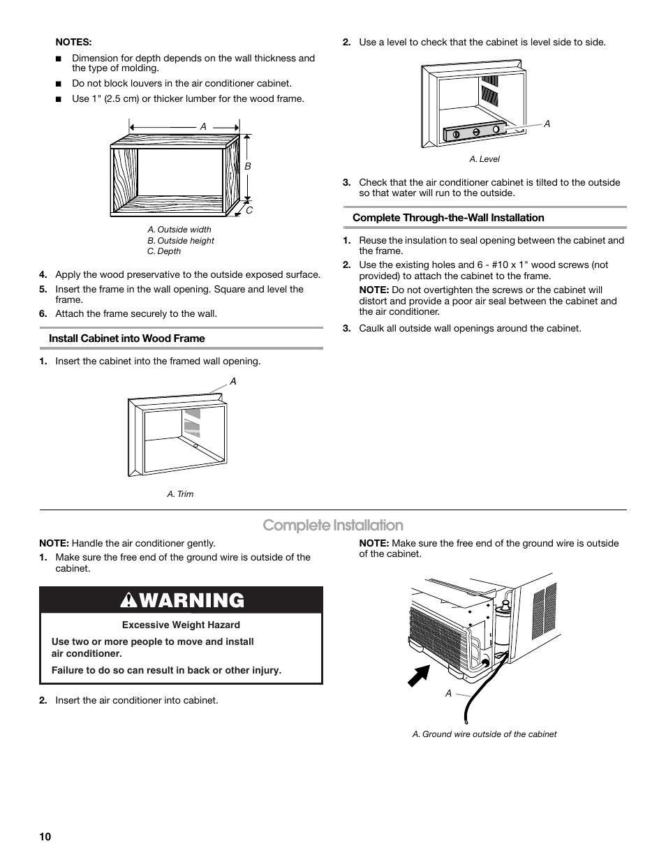 Warning, Complete installation | Whirlpool ACE184PT0 User Manual | Page 10 / 36