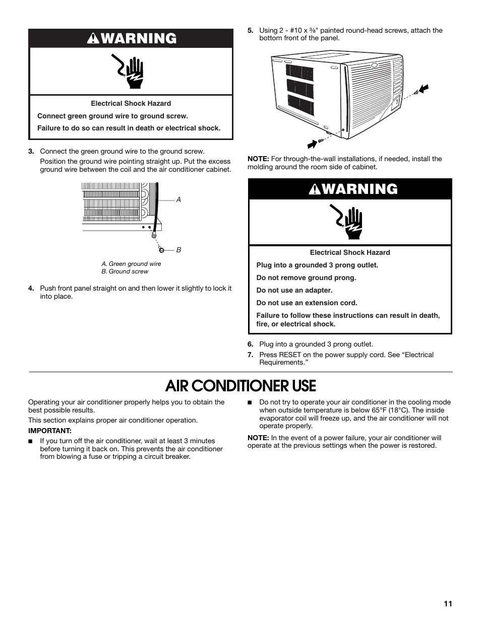 Air conditioner use, Warning | Whirlpool ACE184PT0 User Manual | Page 11 / 36